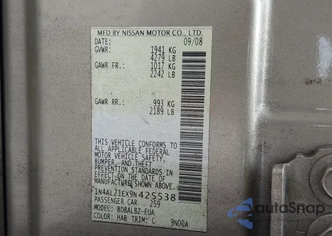 2009 Nissan Altima 2.5 S from USA, damaged, VIN 1N4AL21EX9N425538